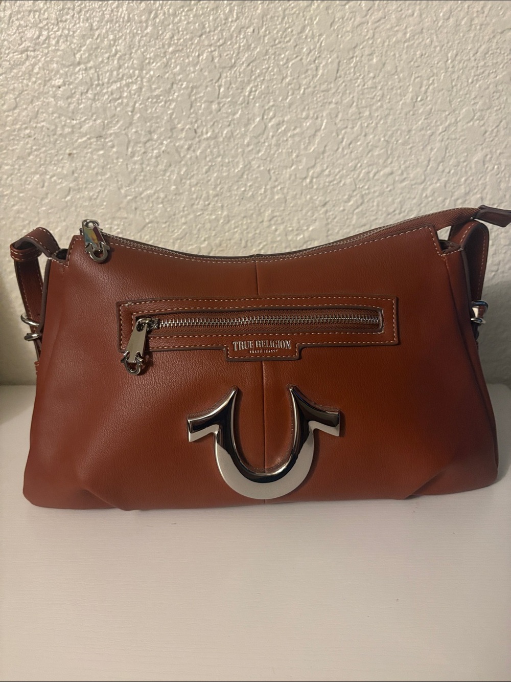 True Religion Cognac Leather Shoulder Bag with Silver Hardware